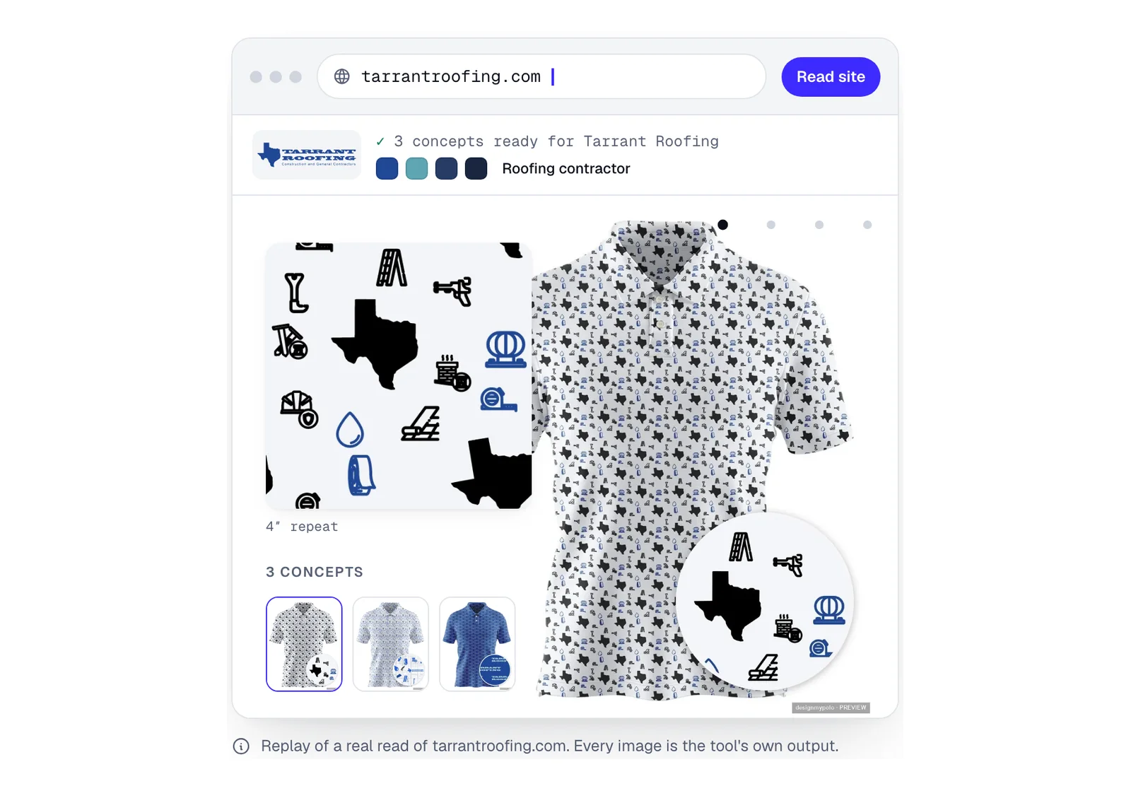 DesignMyPolo's demo window: a roofing company's website has been read into its logo, brand colors and industry, with a pattern tile, a polo wearing it and three concept thumbnails.