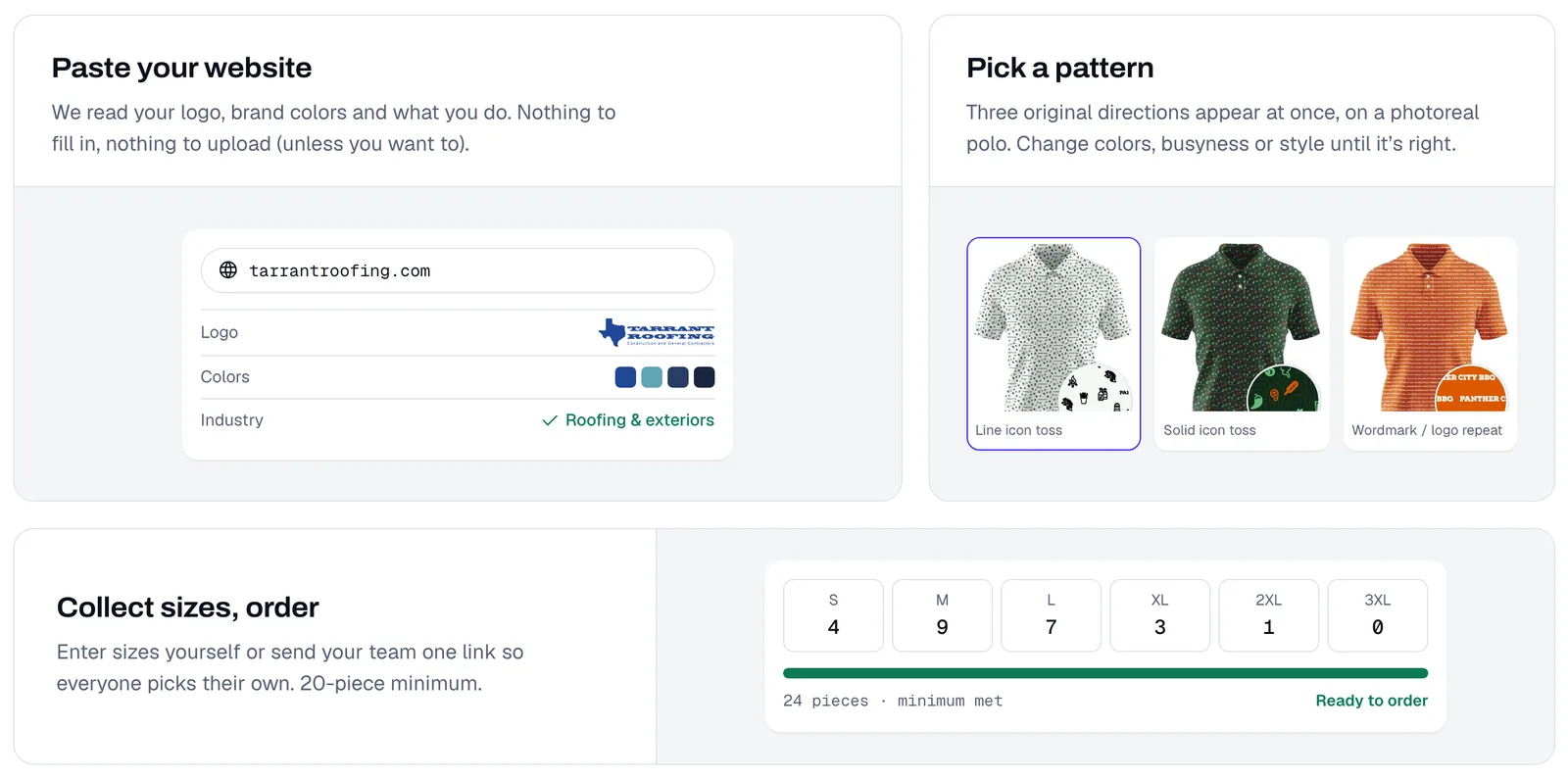 DesignMyPolo's three steps: paste a website and see the logo, colors and industry it found; pick one of three pattern styles; collect team sizes against a 20-piece minimum. The ordering flow is a mock during the preview.