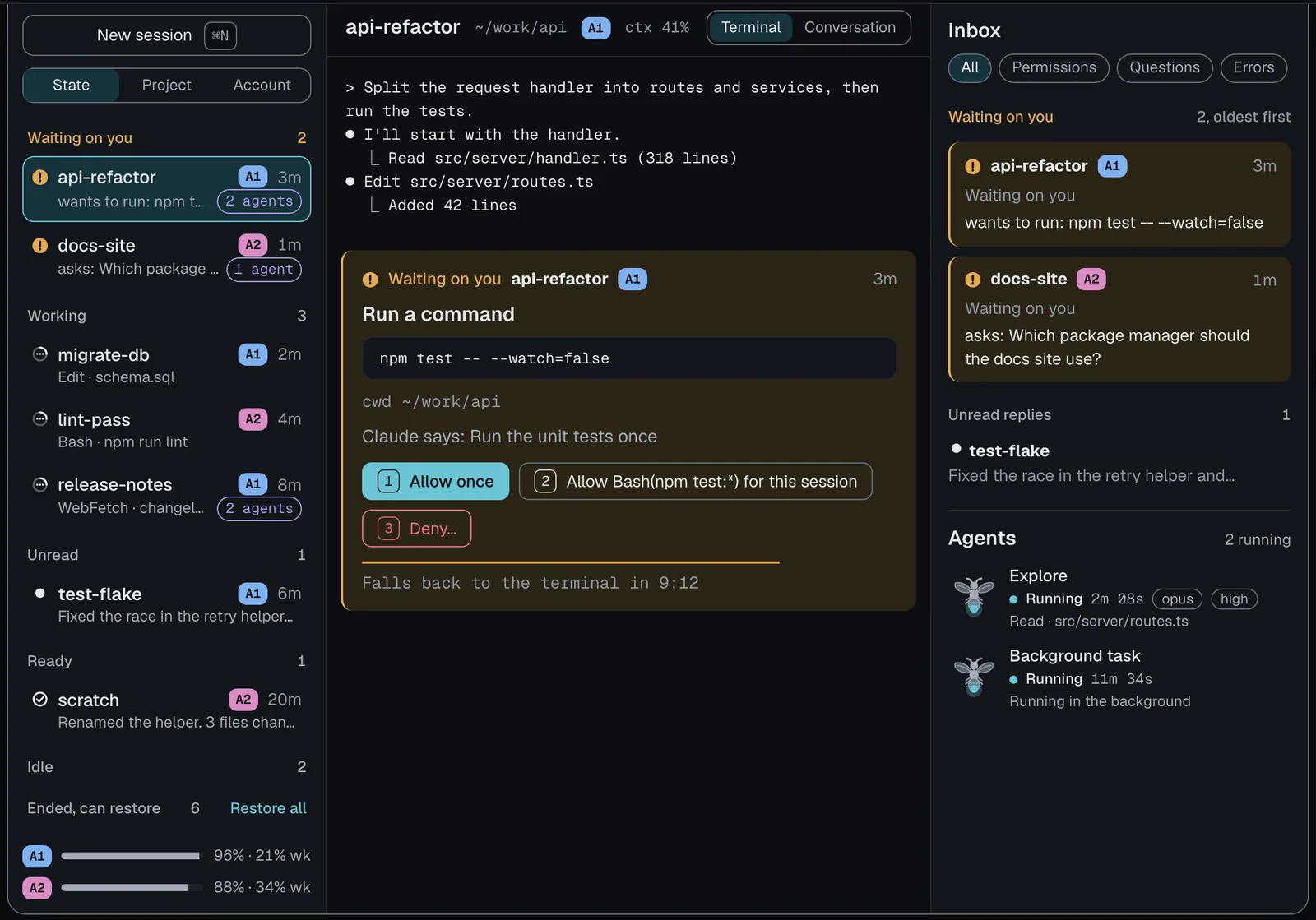 Mastlight's main window with sample sessions: a sidebar grouped by state, a permission card asking to run npm test with numbered Allow and Deny buttons, and an inbox of sessions waiting on you.